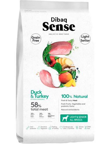Dibaq Sense Senior Grain Free Ànec i Gall Dindi Light. EAN 8424160024744