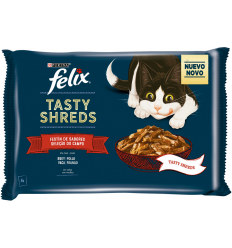 Purina Felix Tasty Shreds Festín de Sabores Pollo y Buey 4 x 80 gr. 7613287371133