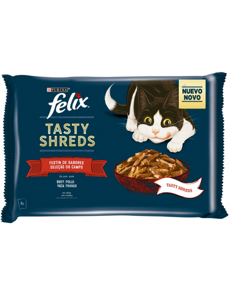 Purina Felix Tasty Shreds Festín de Sabores Pollo y Buey 4 x 80 gr. 7613287371133